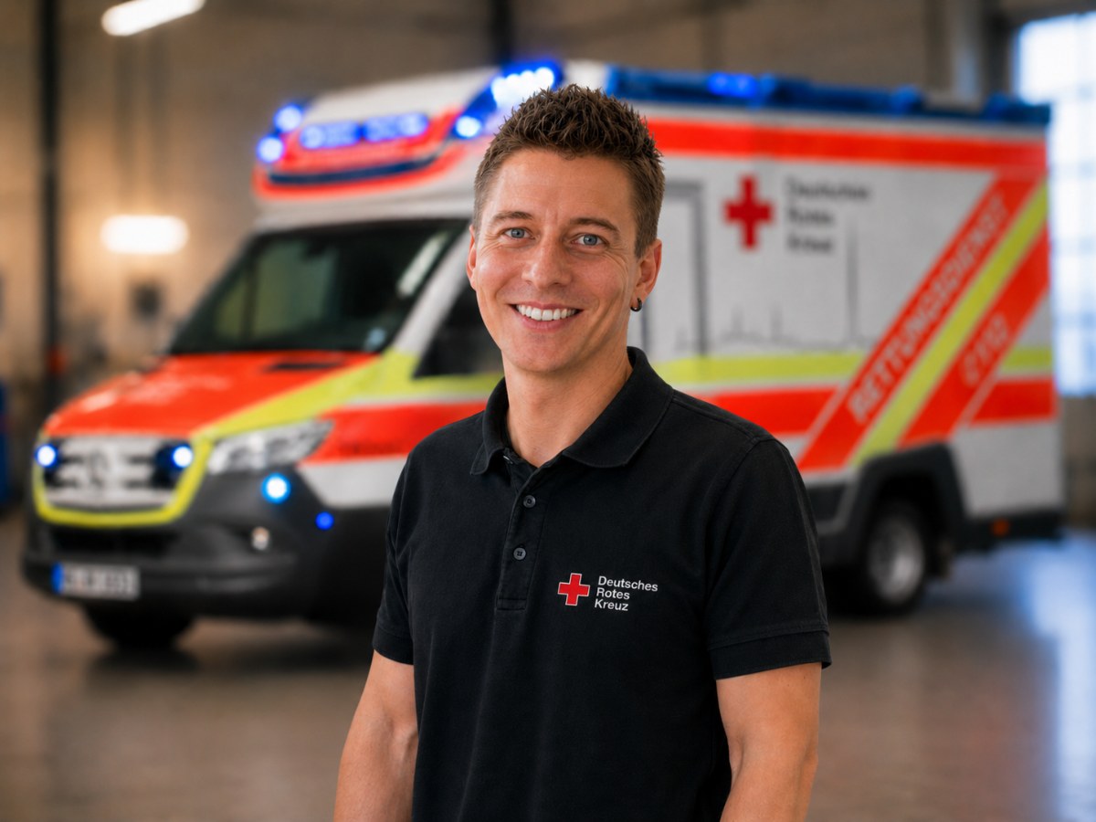 Frank Kösling in DRK-Polo vor einem Rettungswagen mit Blaulicht